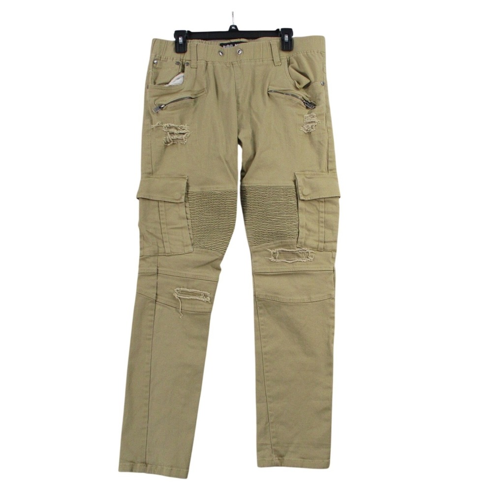 Rebel Minds Mens Khaki Tan Moto Cargo Pants Distressed Ribbed Knee Streetwear 35